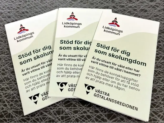 Ett fotografi som visar tre likadana foldrar om våld.