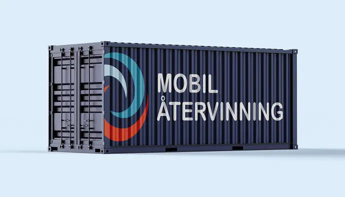 Bilden visar en illustration av den mobila återvinningscentralen, en container som är folierad med logotyp och texten "Mobil återvinning".